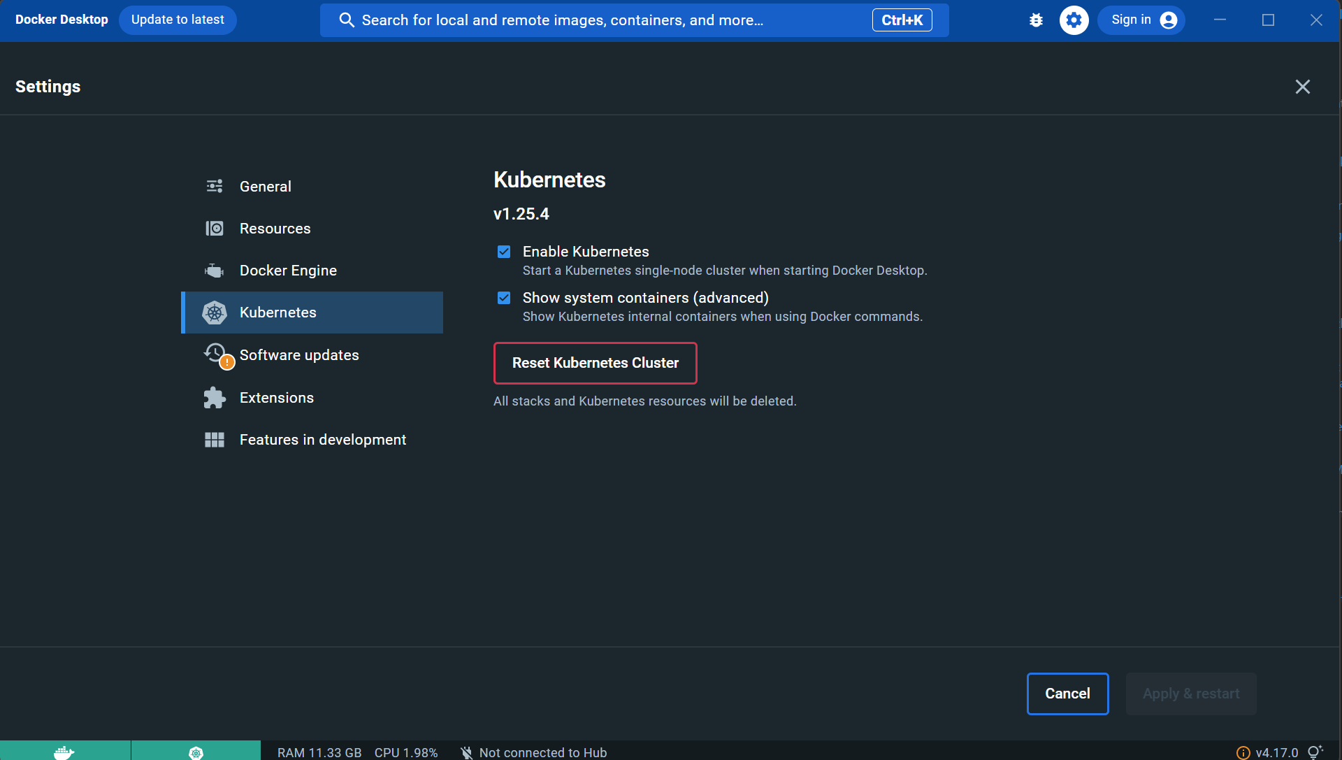 Figure 1: Enable Kubernetes using Docker Desktop