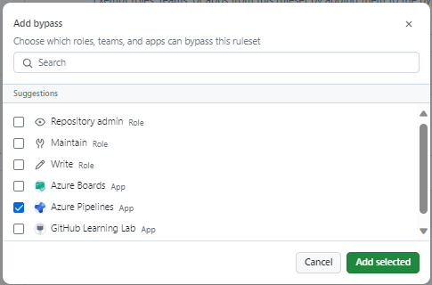 Use the Add Bypass feature to allow select GitHub Apps to bypass the restriction.