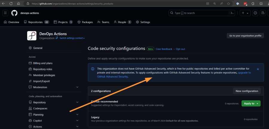 Screenshot showing that the policies only work on public repos on a free organization