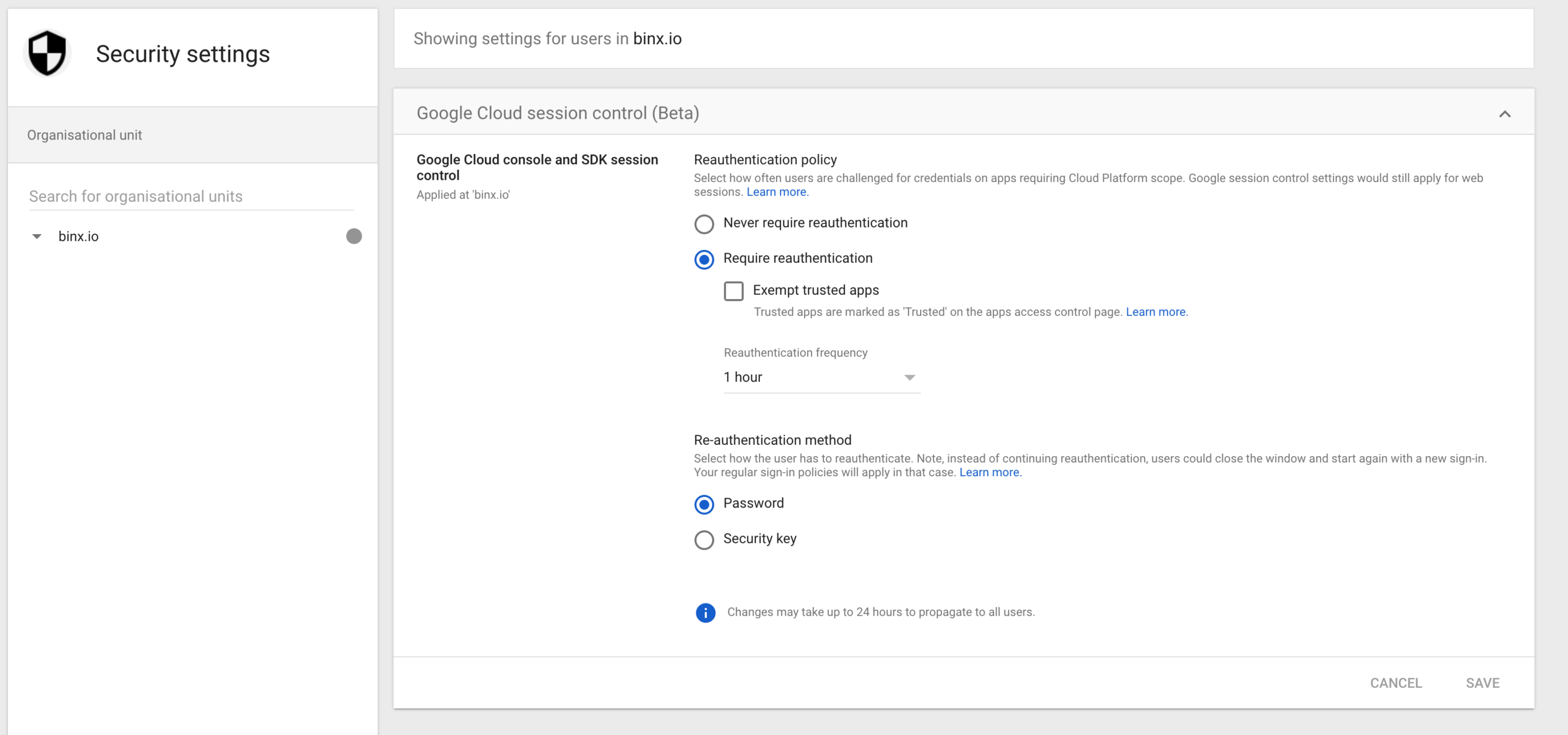 Google Cloud session control screen