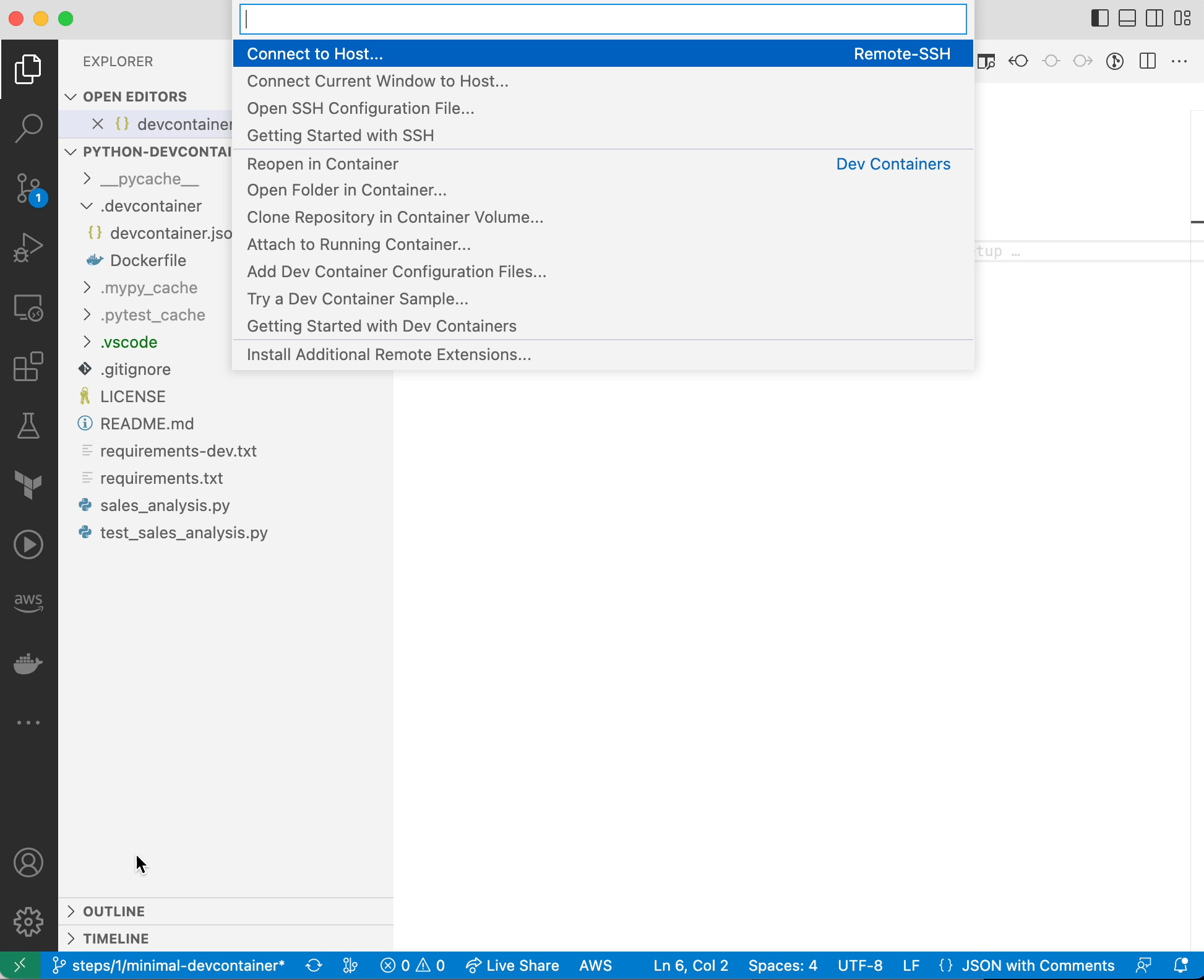 VSCode is now connected to the Docker container