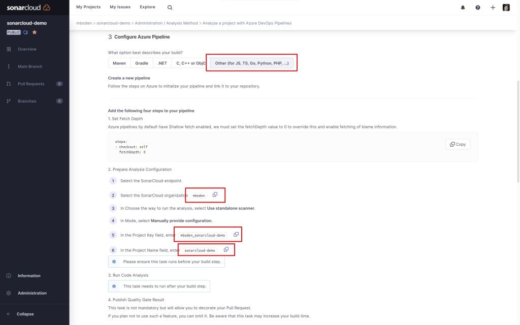 sonar cloud setup pipeline markers