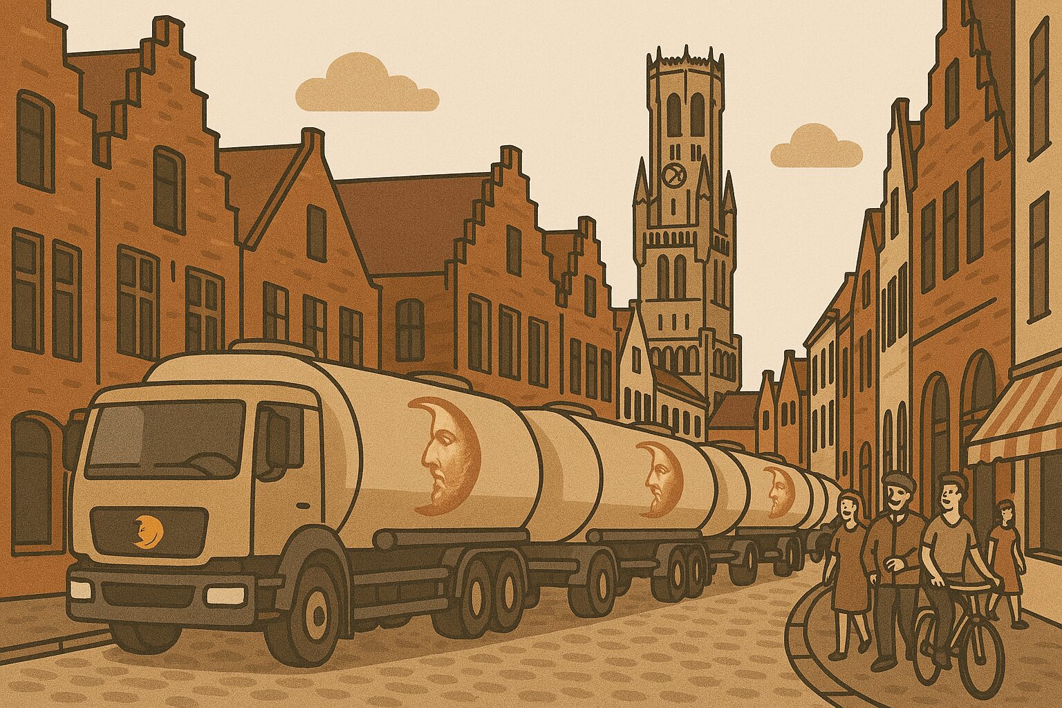 Beer tankers maneuvering on cobblestone medieval streets