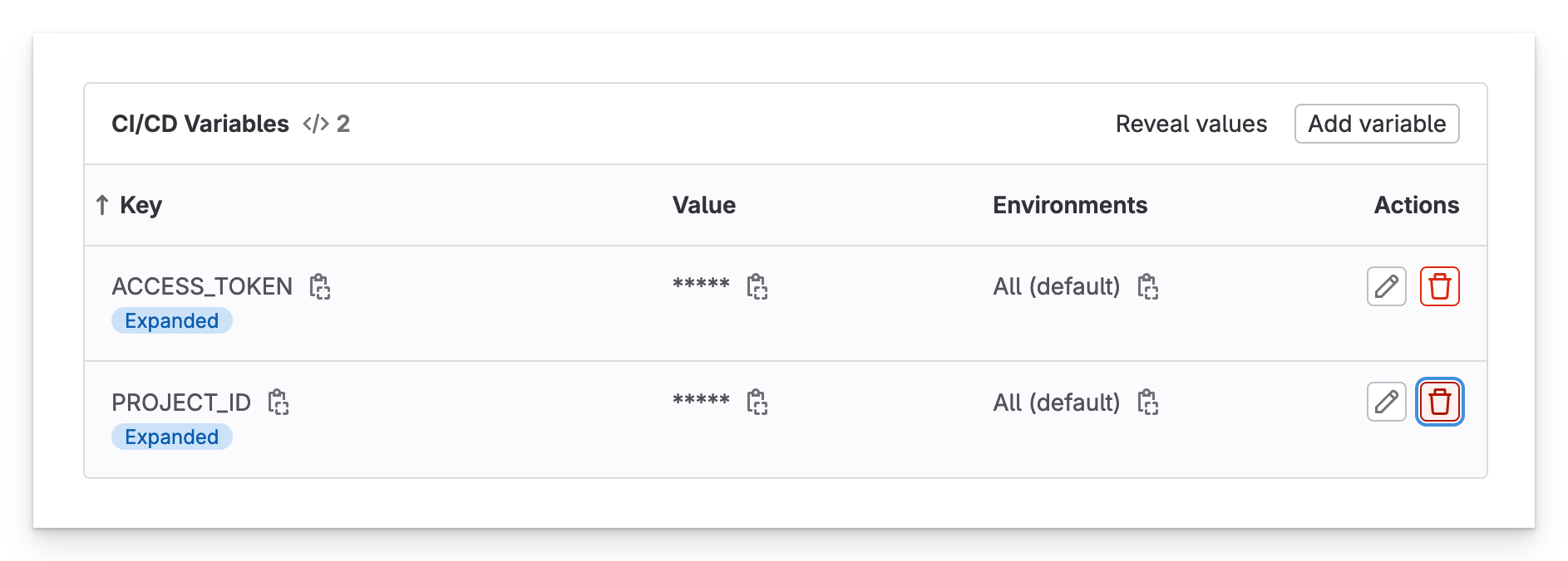 Variables under Settings > CI/CD > Variables