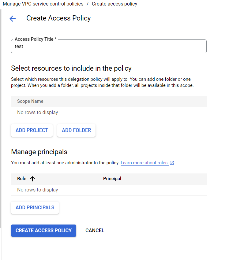 VPC Service Controls create policy