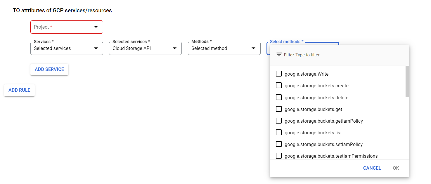 VPC Service Controls Ingress Policy target service methods