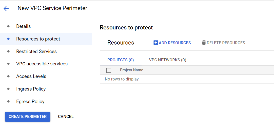 VPC Service Controls protected resources