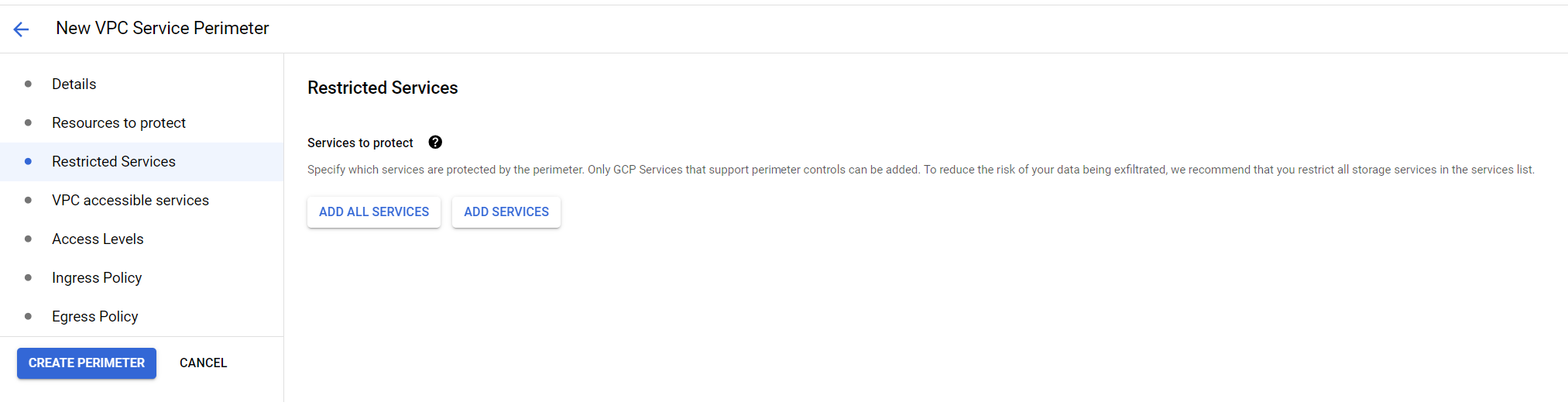 VPC Service Controls restricted services