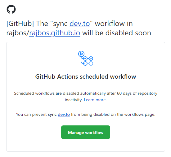 Screenshot of the mail message being send that the workflow will be disabled soon