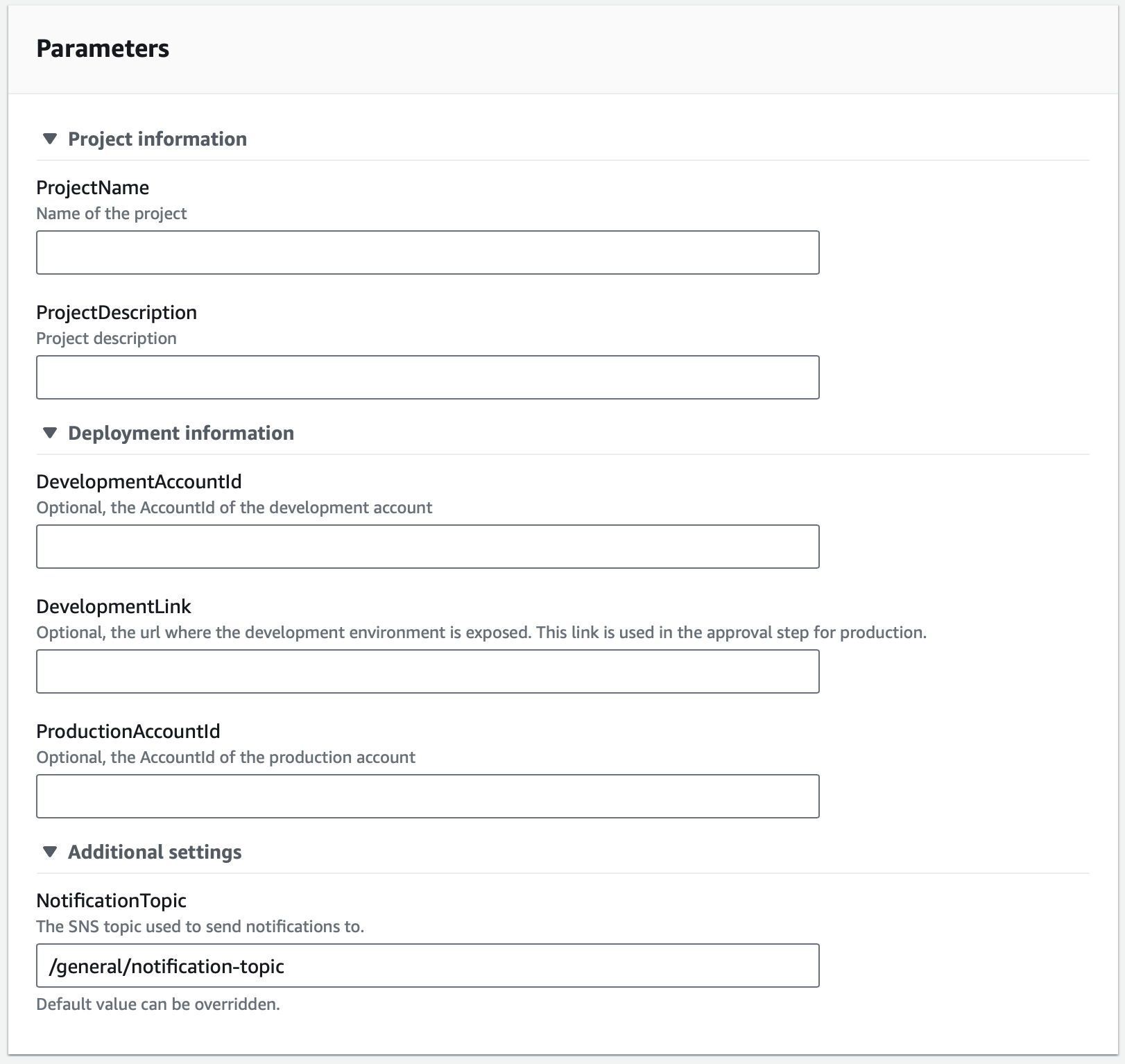 Screenshot of the parameters needed for the S3 hosted website